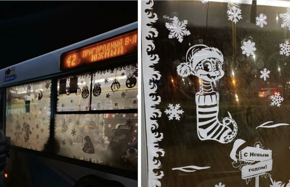 Новогодний автобус в Бресте, курсирующий по маршруту №42. Фото: Instagram.