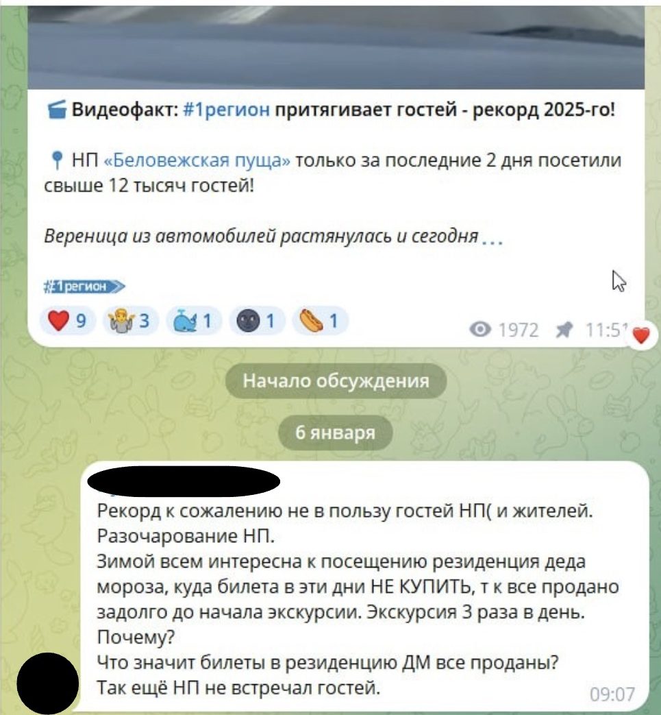 Скриншот комментария с отзывом о резиденции Деда Мороза в Телеграме.