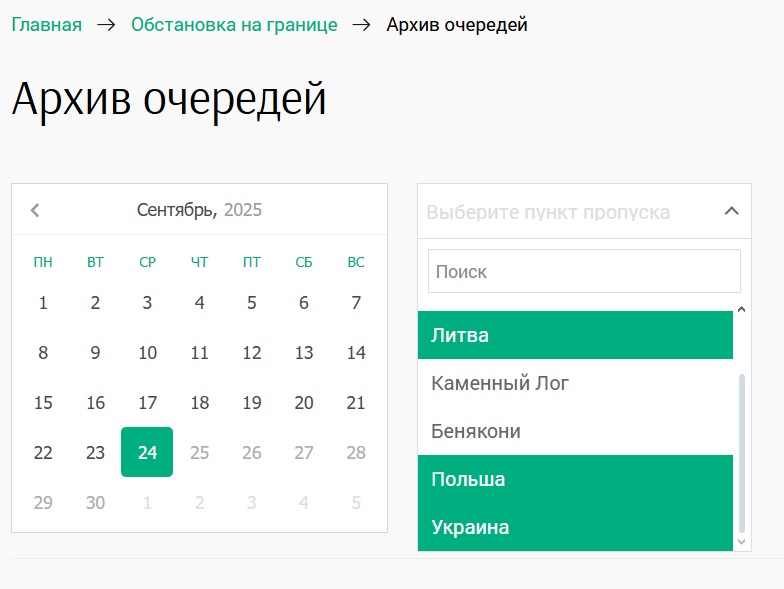 Архив очередей на границе Беларуси с Польшей недоступен на сайте ГТК. Скриншот сайта