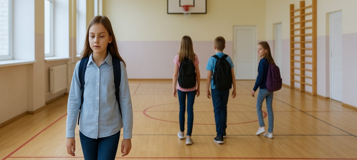 сумная школьніца сыходзіць са спартовай залі