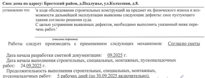 Причина снова дома в деревне Подлужье Брестского района. Скриншот документа