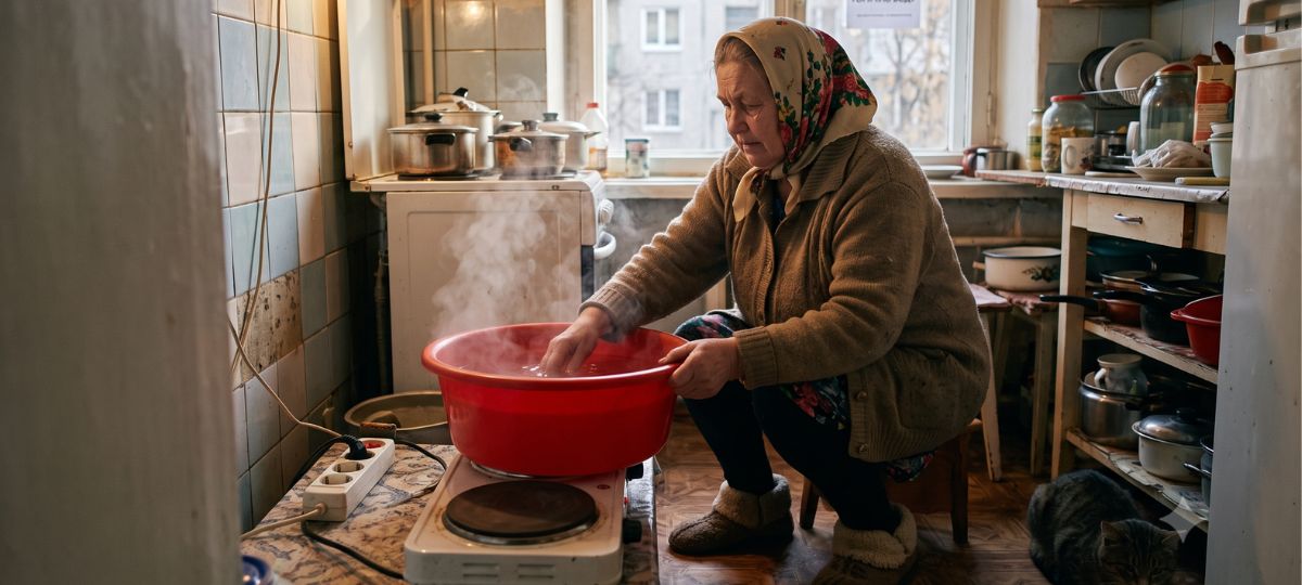 Пожилая женщина греет воду в тазу